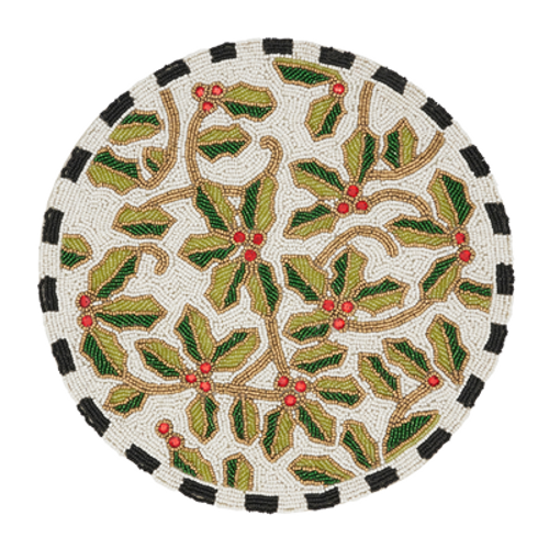 GLASS BEADED HOLLY LEAVES PLACEMAT - MULTI - ROUND - 9190.M15R