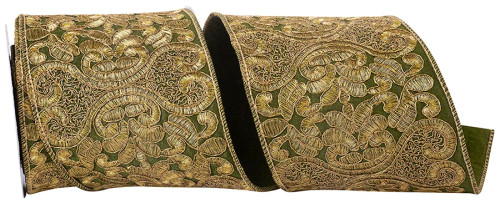 4" 5 YARDS - DELUXE GREEN AND GOLD ANTIQUE EMBROIDERY FILIGREE WIRED EDGE RIBBON - 93274W-591-10D 4" 5 YARDS - DELUXE GREEN AND GOLD ANTIQUE EMBROIDERY FILIGREE WIRED EDGE RIBBON - 93274W-591-10D