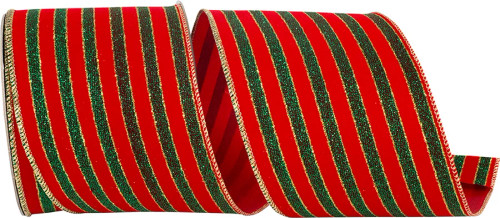 4" 10 YARDS - RED AND GREEN GLITTERED STRIPE VELVET WIRED EDGE RIBBON - 92892W-985-10F 4" 10 YARDS - RED AND GREEN GLITTERED STRIPE VELVET WIRED EDGE RIBBON - 92892W-985-10F