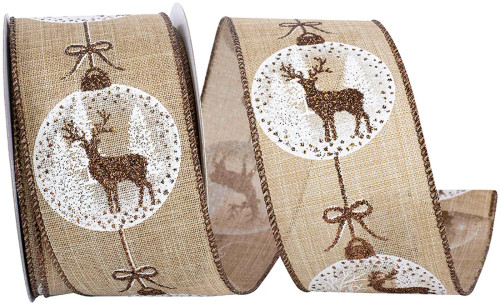 2-1/2" 10 YARDS - NATURAL ORNAMENT WITH DEERS GLITTER WIRED EDGE RIBBON - 93959W-750-40F 2-1/2" 10 YARDS - NATURAL ORNAMENT WITH DEERS GLITTER WIRED EDGE RIBBON - 93959W-750-40F