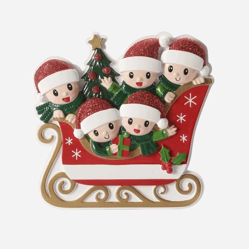 FAMILY OF 5 IN RED SLEIGH ORNAMENT - OR2904-5
