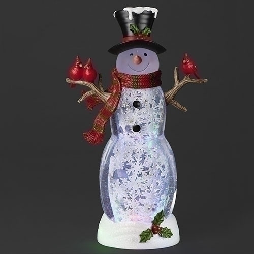 LED LIGHTED SWIRL SNOWMAN WITH SCARF AND CARDINALS WATER GLOBE 18" - 137621