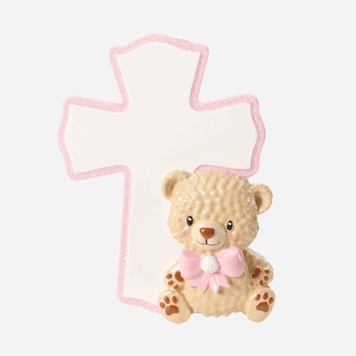 PINK CROSS AND TEDDY BEAR ORNAMENT - OR2923-P