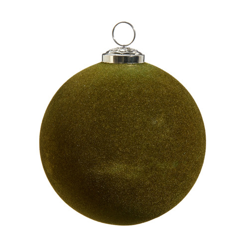 5" OLIVE GREEN FLOCKED BALL ORNAMENT - 4403634