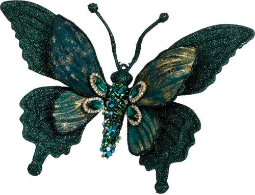 7" GLITTERED JEWEL PEACOCK BUTTERFLY CLIP-ON ORNAMENT - 07-33208-BLU