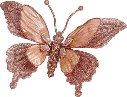 7" GLITTERED JEWEL ROSE BUTTERFLY CLIP-ON ORNAMENT - 07-33208-ROS
