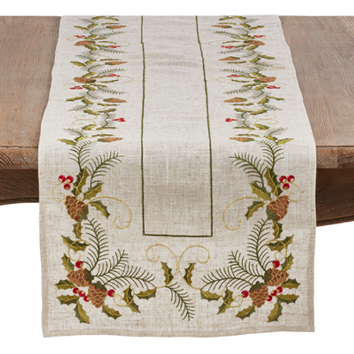 16" X 68" EMBROIDERED PINECONE AND HOLLY RUNNER 16" X 68" EMBROIDERED PINECONE AND HOLLY RUNNER