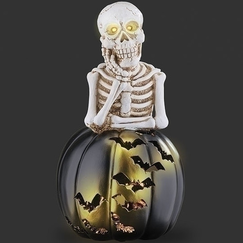 14" LIGHTED SKELETON ON BLACK PUMPKIN WITH BATS - 138350