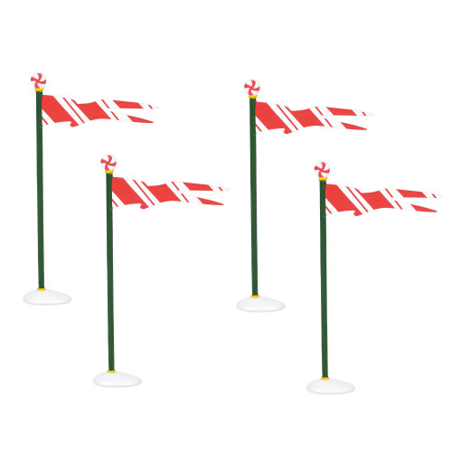 Set of 4, peppermint flags add a festive look to your Village display. This general accessory is hand-crafted, hand-painted, diecast.