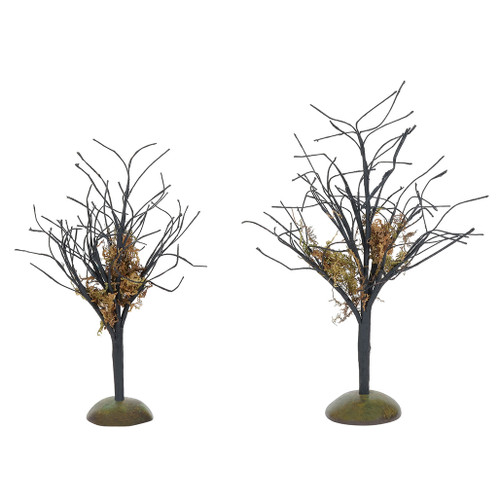 Set of 2 bare branch trees, set with moss, add to your Village display. This Village tree set is hand-crafted, paper and wire.