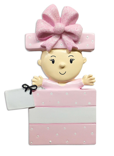 BABY GIRL IN PINK PRESENT ORNAMENT - OR1653-P BABY GIRL IN PINK PRESENT ORNAMENT - OR1653-P