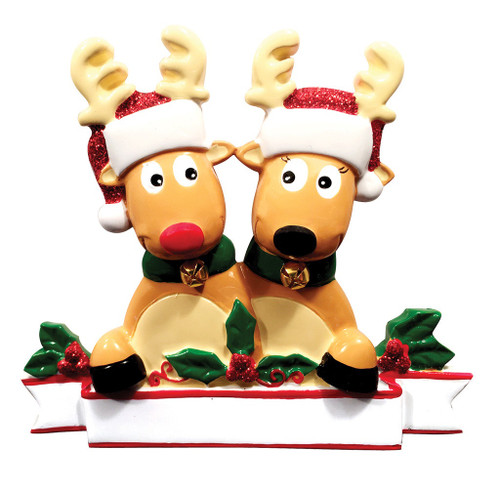 FAMILY OF 2 REINDEER IN SANTA HATS AND HOLLY COUPLE ORNAMENT - OR1527-2