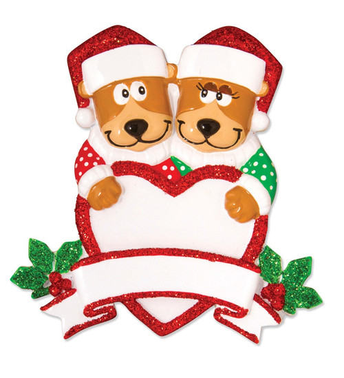 FAMILY OF 2 BROWN BEARS HUGGING HEART COUPLE ORNAMENT - OR1604-2