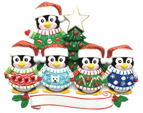 FAMILY OF 5 PENGUINS UGLY SWEATER ORNAMENT - OR1602-5