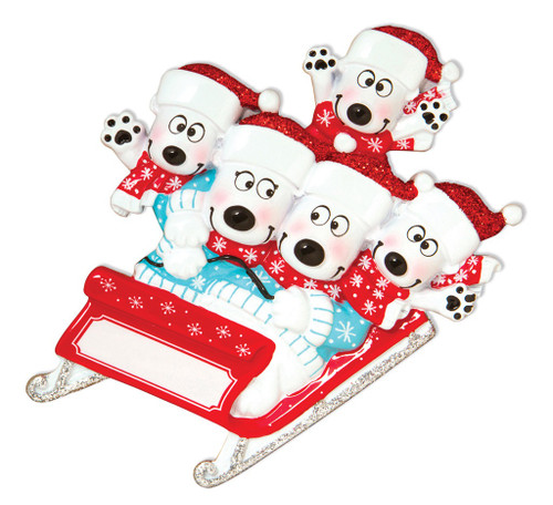 FAMILY OF 5 POLAR BEARS ON SLED ORNAMENT - OR1605-5