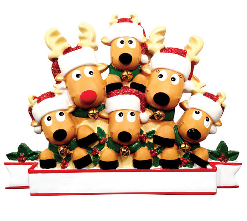 FAMILY OF 6 REINDEER IN SANTA HATS AND HOLLY ORNAMENT - OR1527-6