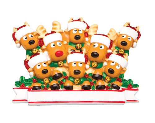 FAMILY OF 8 REINDEER IN SANTA HATS AND HOLLY ORNAMENT - OR1527-8