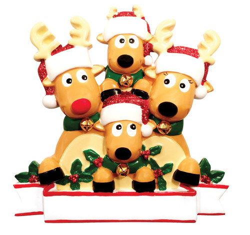 FAMILY OF 4 REINDEER IN SANTA HATS AND HOLLY ORNAMENT - OR1527-4 FAMILY OF 4 REINDEER IN SANTA HATS AND HOLLY ORNAMENT - OR1527-4