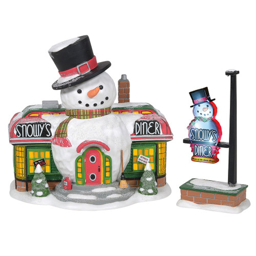 After a long day of building toys, Santa and his elves love to stop at Snowy's Diner. Built from a vintage train dining car, the campy snowman design sets the causal vibe of the atmosphere inside. Set of 2 includes roadside sign. After a long day of building toys, Santa and his elves love to stop at Snowy's Diner. Built from a vintage train dining car, the campy snowman design sets the causal vibe of the atmosphere inside. Set of 2 includes roadside sign.