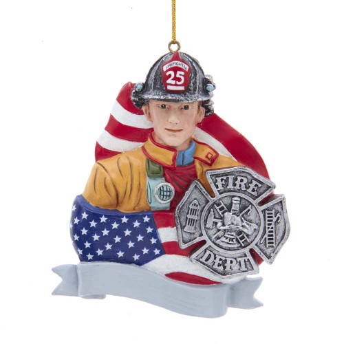 FIREFIGHTER WITH FLAG AND BADGE ORN - D3908