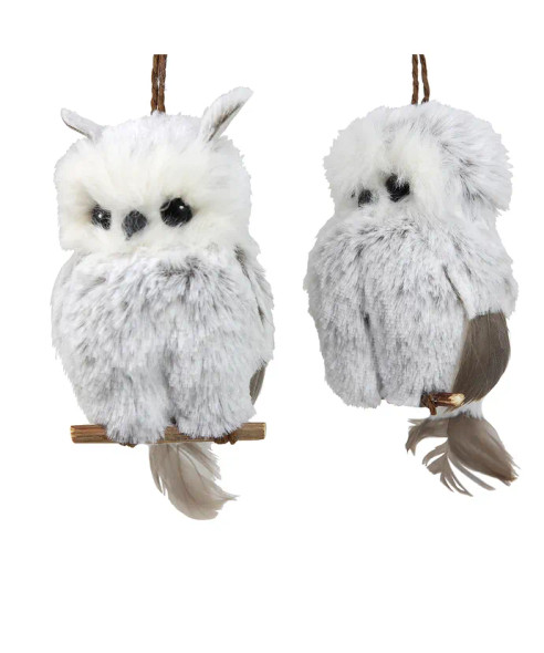 BROWN AND WHITE FURRY OWL ORNAMENT - C2285