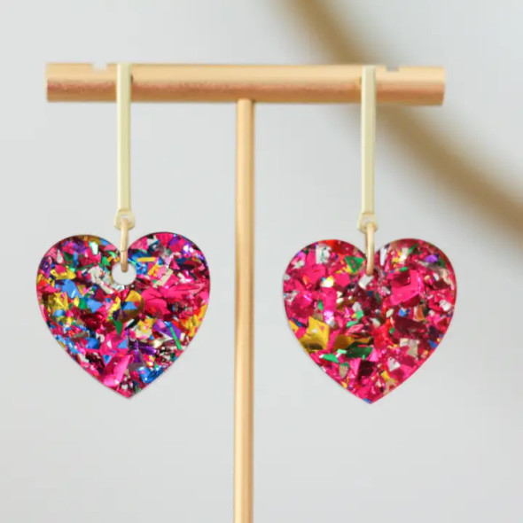 PINK CONFETTI HEART DROP EARRINGS - EAR-HRT-PCON