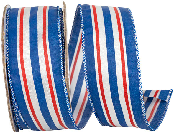 1-1/2" 10 YARDS RED WHITE AND BLUE STRIPED SATIN WIRED EDGE - 94532W-653-09F
