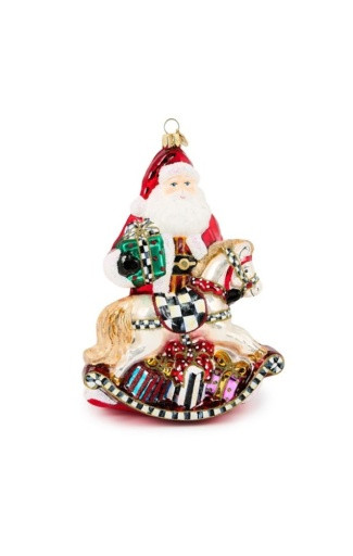 SANTA WITH ROCKING HORSE GLASS ORNAMENT - MADE IN POLAND - 53913-2334
