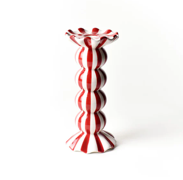 RED STRIPE MEDIUM RUFFLE KNOBBED CANDLE HOLDER - STR-MKRCH-RD