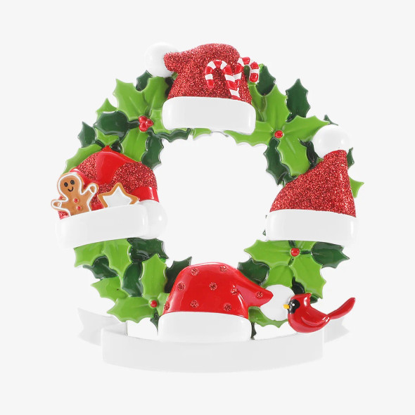 FAMILY OF 4 SANTA HATS IN WREATH ORNAMENT - OR3082-4