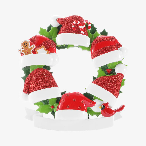FAMILY OF 6 SANTA HATS IN WREATH ORNAMENT - OR3082-6