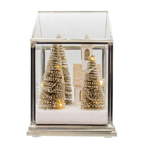 LED LIGHTED GLASS LAMPSHADE HOUSE WITH CHURCH AND TREE - JEL1441