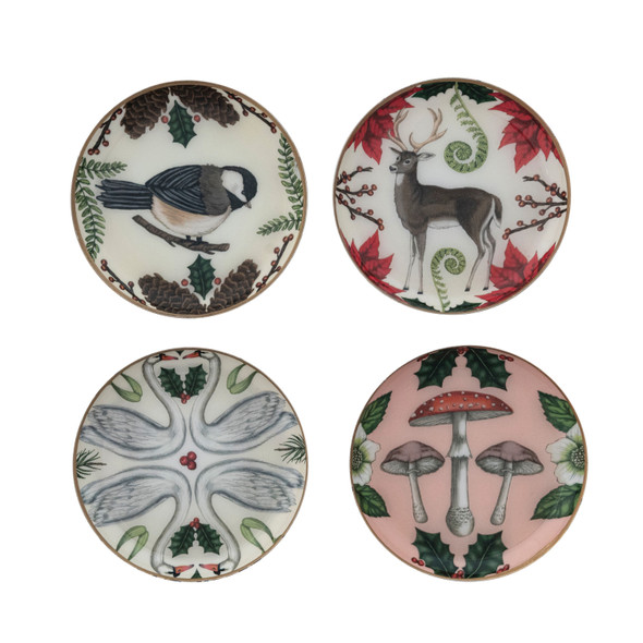 ENAMELED METAL DISH/COASTER WITH SEASONAL ANIMALS AND BOTANICALS - XT0328A