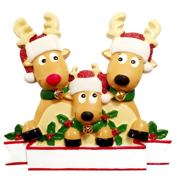 FAMILY OF 3 REINDEER IN SANTA HATS AND HOLLY ORNAMENT - OR1527-3