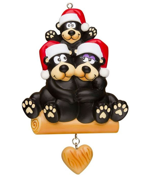 FAMILY OF 3 BEARS ON LOG WITH HEART ORNAMENT - OR1215-3