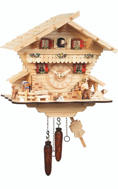 light colored wood cuckoo clock with wood chopper by engstler
