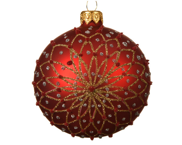RED BAUBLE GLASS W/GOLD GLITTER FLOWER - 050095