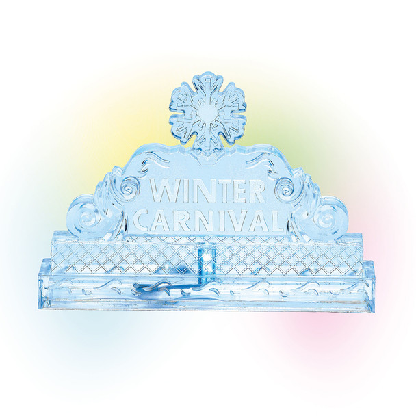 This icy looking sign states the home of Winter Carnival. This general accessory is hand-crafted, hand-painted, acrylic. Battery box included, 2 C batteries required.