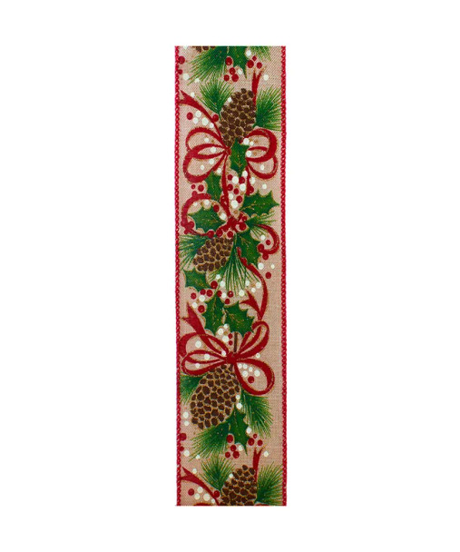TAN WITH RED AND GREEN LEAF PATTERNED DOT DOUBLE WIRE RIBBON - T3520