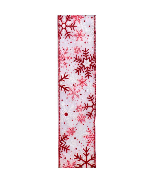 RED AND WHITE SNOWFLAKE PATTERNED DOUDLE WIRE RIBBON - T3527