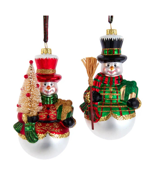 GLASS RED AND GREEN PLAID SNOWMAN - T3349