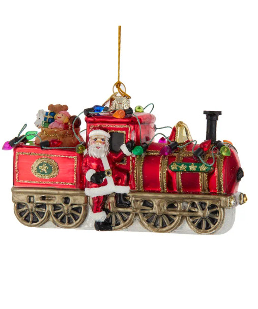 GLASS SANTA WITH TRAIN ORNAMENT - NBX0090