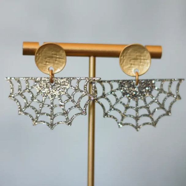 SILVER GLITTER SPIDERWEB FAN EARRINGS - SPIDERWEBSILVER