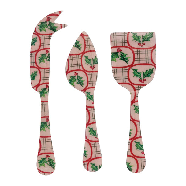 SET OF 3 HOLLY ON PINK ENAMLED STAINLESS STEEL CHEESE SERVERS - XS7870
