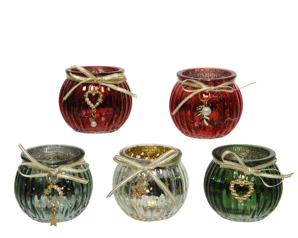 TEALIGHT HOLDER - GLASS ANTIQUE GOLD WITH RIBBON - 520678