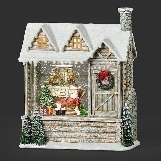 9" LIGHTED SWIRL LOG CABIN SLEEPING SANTA WATERGLOBE- 138253