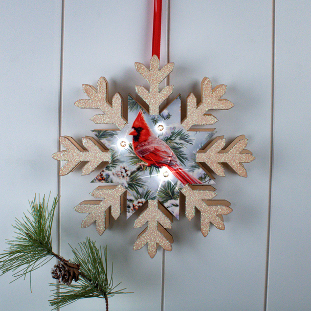 SNOWY PINE CARDINAL WOOD SNOWFLAKE - A2574