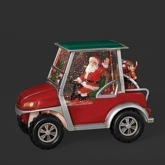 LIGHTED SWIRL SANTA DRIVING GOLF CART WITH ELF WATER GLOBE - 139098