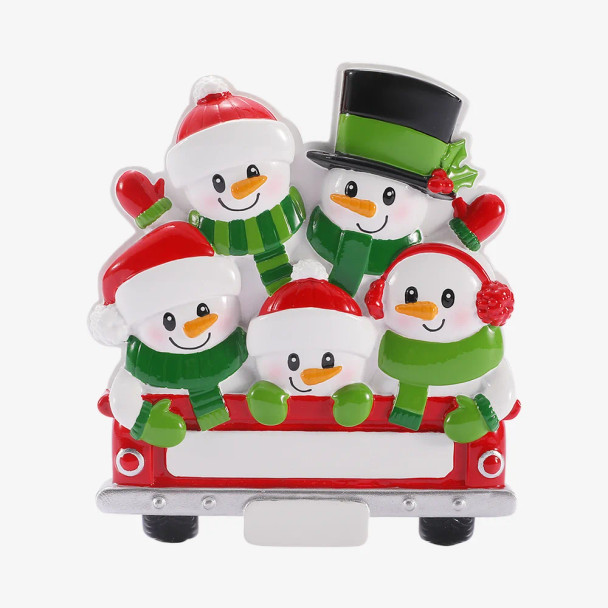 FAMILY OF 5 SNOWMEN IN RED TRUCK ORNAMENT - OR3081-5