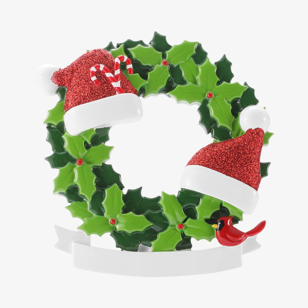 FAMILY OF 2 SANTA HATS IN WREATH ORNAMENT - OR3082-2